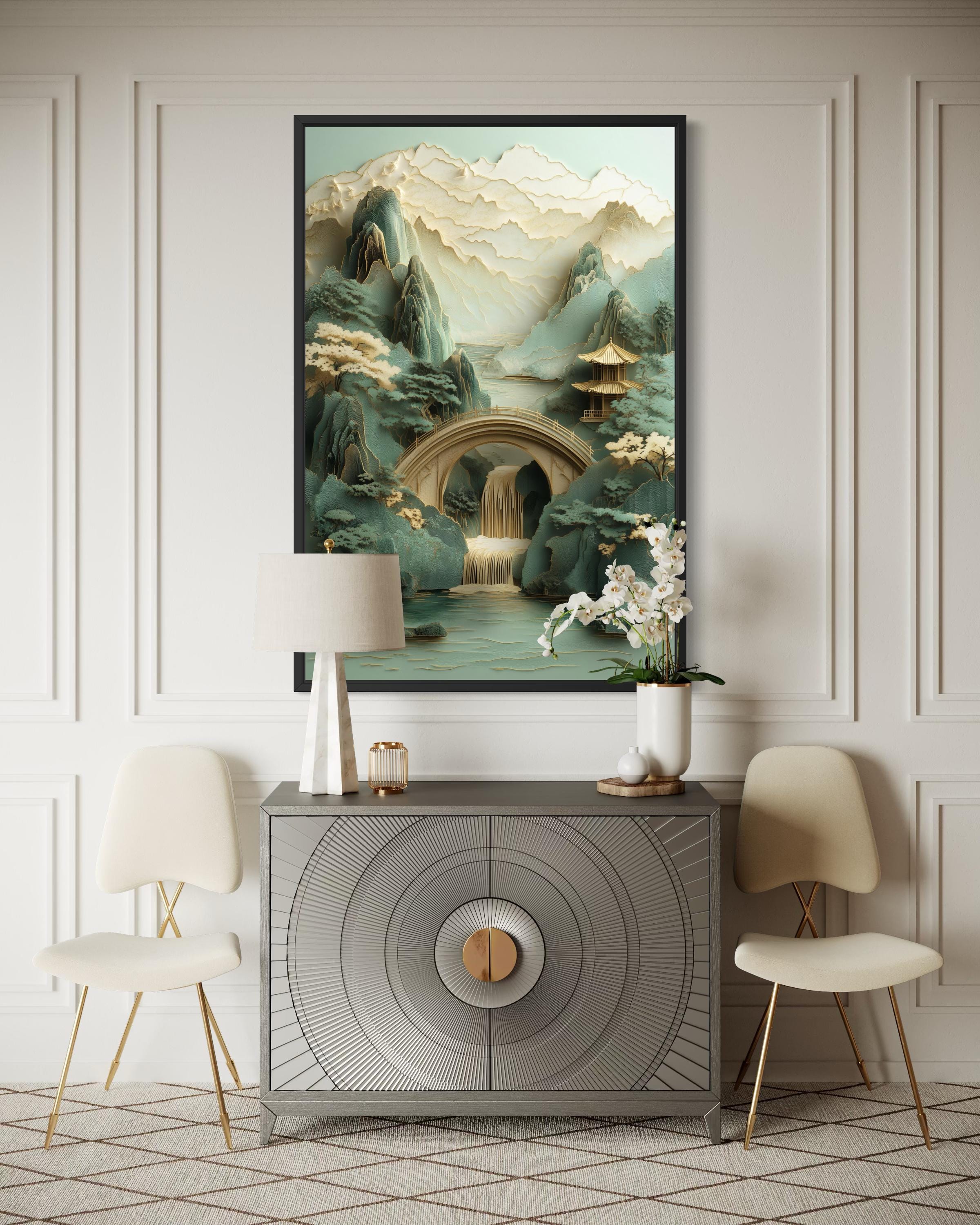 Zen Japanese Garden Pagoda And Waterfall Canvas Wall Art