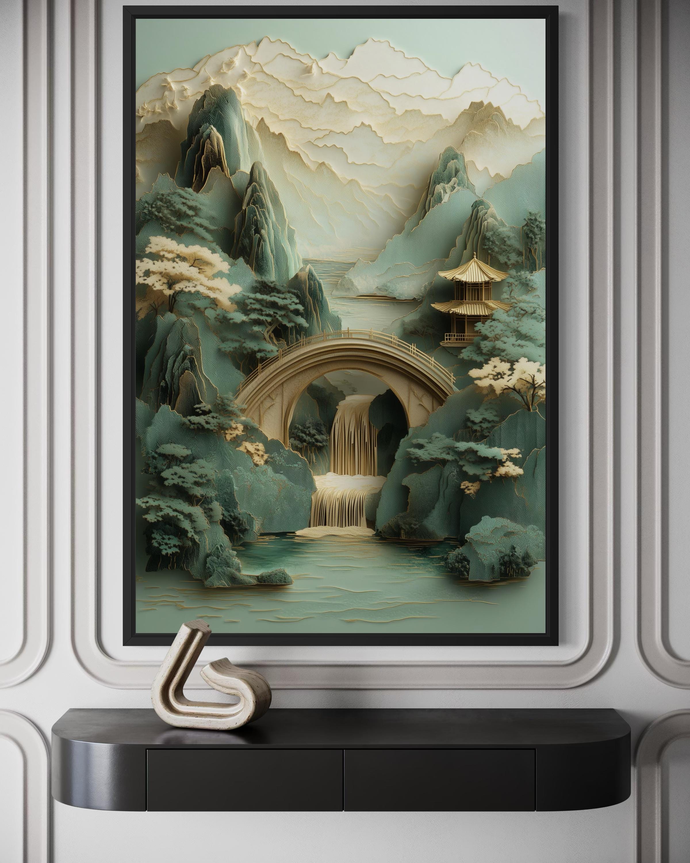 Zen Japanese Garden Pagoda And Waterfall Canvas Wall Art