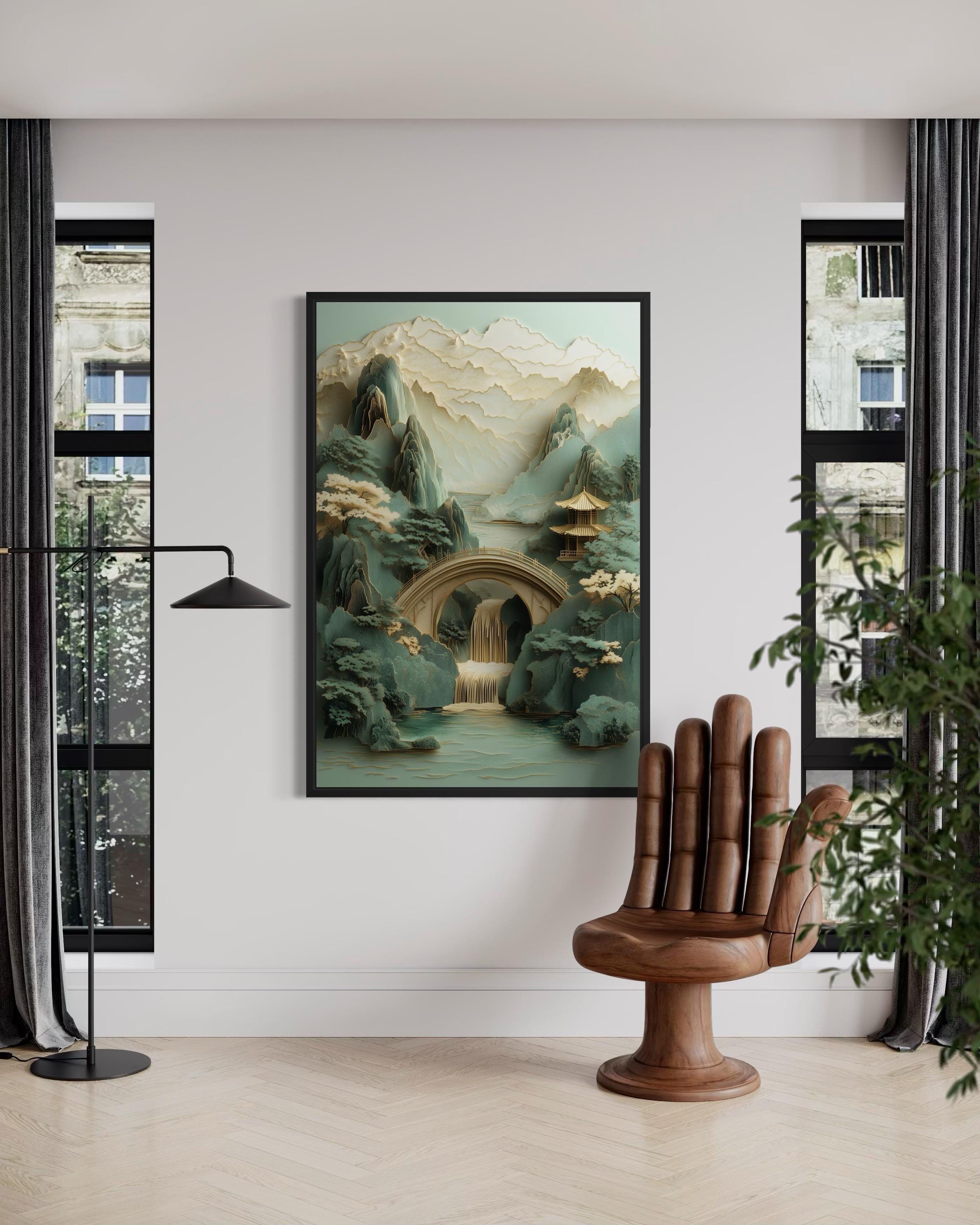 Zen Japanese Garden Pagoda And Waterfall Canvas Wall Art